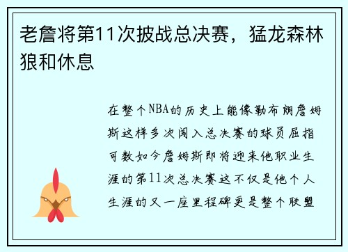 老詹将第11次披战总决赛，猛龙森林狼和休息